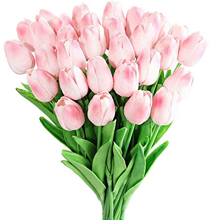 Kisflower 30Pcs Künstliche Tulpen Latex Tulpen Blumen Gefälschter Tulpenstrauß Echte Berührungsblumen für Dekor (Rosa)
