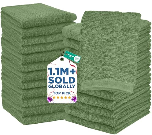 DAN RIVER 24 Pack Wash Cloths for Showering [12x12] - 100% Cotton Washcloths Premium Quality Flannel Face Cloths for Bathroom, Highly Absorbent and Soft Feel Wash Clothes, Sage Green