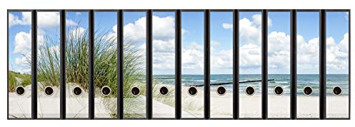 codiarts. Ordnerrücken selbstklebend | Etiketten Set für 12 breite Ordner | gestantzt mit Griffloch | Rückenschild breit | Motiv Düne Strand und Meer