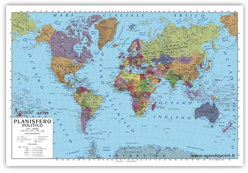 Agendepoint.it - Cartina geografica planisfero mondo A3 30x42 bifacciale fisica e politica 1 74.000.000 per uso scolastico