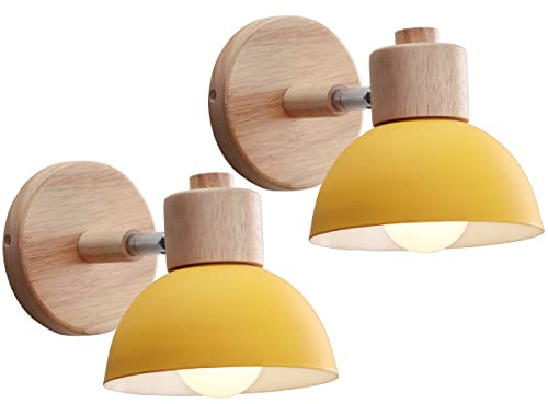IDEGU 2 stycken vägglampor modern inomhus vägglampa av trä metall halvcirkel lampskärm E27 justerbar väggspot vintage lampa för sovrum vardagsrum (2 lampor, gul)