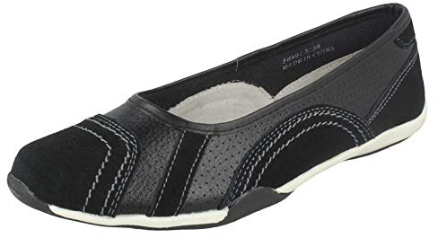 Ladies Down to Earth Flat Ballerina Shoes - Black/White Leather - UK Size 7 - EU Size 40 - US Size 9