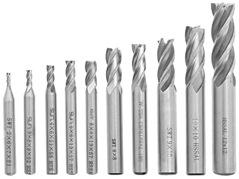 ECSiNG 10pcs HSS 4 Flûte Kit de Fraise en out à Queue Droite 2/3/4/5/6/7/8/9/10/12mm Dia 6mBm 8mm 10mm 12mm Poignée pour Bois Aluminium Acier Titane