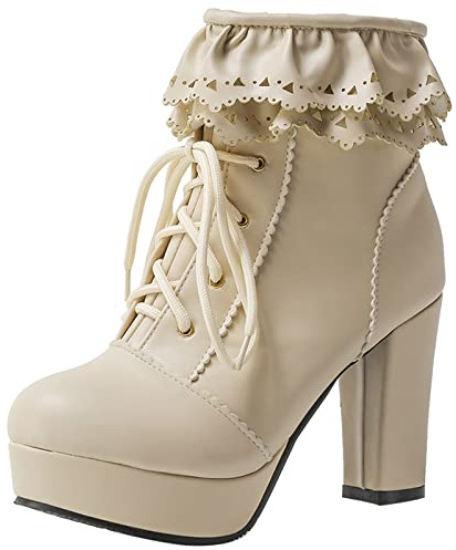 Bviennic Donna Inverno Festa Lovley Tacco A Blocco Con Risvolto Stivali Da Motociclista Punta Rotonda Eleganti Plateau Cordoncino Sposa Stivaletti Zip Apricot Numero 41 EU-43Cn
