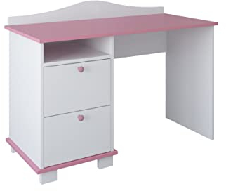 Schreibtisch, Kinderschreibtisch mit 74 cm Arbeitshöhe und Zwei Schubladen und Ablagefach in weiß pink Made in Europe