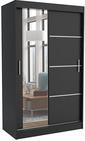 Brent - Kleiderschrank mit Spiegel 100cm Breit Windsor Tomy I Schlafzimmerschrank mit 2 Kleiderstange und Einlegeböden für Kleidung I Kleiderschrank Schwarz