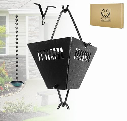 U-nitt Cadenas de lluvia para canalones | Colector de agua de lluvia y desviador | Cadena de lluvia de metal de 2,6 m | Superficie rugosa cuadrada con recubrimiento en polvo negro | Boquilla