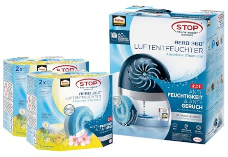 Pattex AERO 360º Luftentfeuchter, nachfüllbarer Raumentfeuchter, 1 Gerät inkl. 1 Nachfülltab (450g) & Pattex AERO 360° Wildblumenwiese Tabs Nachfüllpack, 2x(2er-Pack (2x450g))