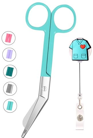 YUME Forbici Infermiere + Portachiavi retrattile regalo | Forbici Infermiera per Bendaggio | Forbici infermiera Curve, Punta Arrotondata (BLU)