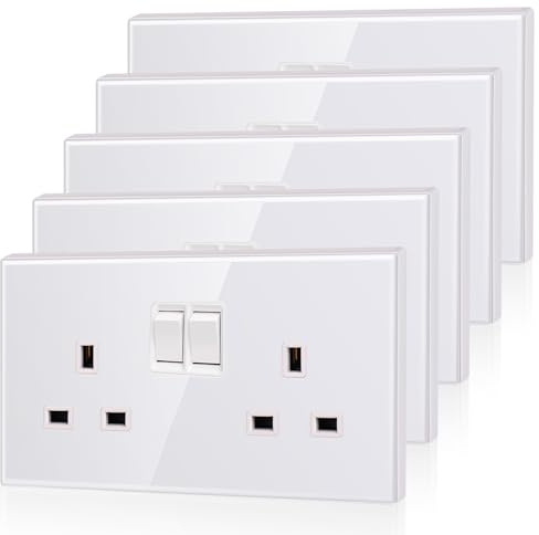 5 Pack CNBINGO Glass Double Switched Power Socket, Electric Power Sockets 2 Gang 13 Amp, White Double Wall Outlet with Tempered Glass Panel