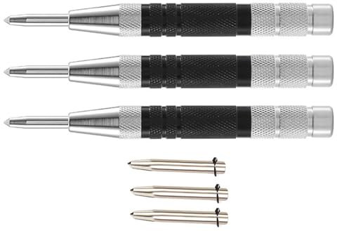 Juego de 3 punzones centrales, perforadora central automática con resorte resistente con 3 puntas de repuesto, herramienta de perforación central de tensión ajustable para vidrio/hoja fina/madera -
