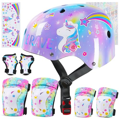 FIODAY Kids Bike Helmet, Toddler Helmet Knee and Elbow Pads Wrist Guards Adjustable Protective Gear Set with DIY Sticker for Girls 3-5-8 Years for Skateboard Inline Skating Scooter