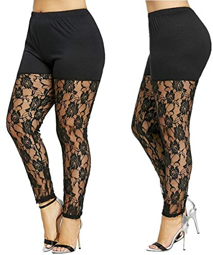 Dubute Leggings de encaje para mujer, pantalones ajustados transparentes de encaje floral, pantalones capri Y2K, A-negro, XXL