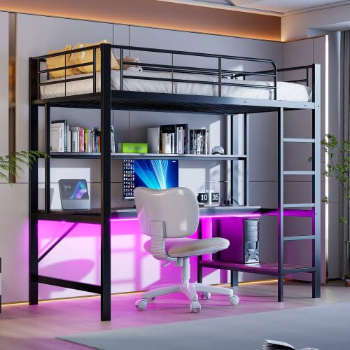 Cama alta de 90 x 200 cm con LED y enchufe USB, cama alta con escritorio y varios estantes, cama individual con escalera y barandilla, cama alta para niños, color negro (sin colchón)