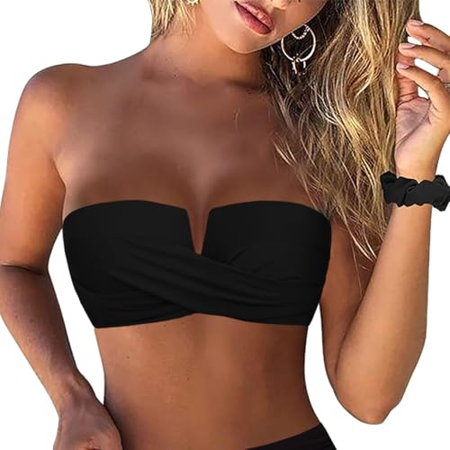 Hilor Women's Swimsuit Tops Bandeau Bikini Top with Halter Strap Push Up Bikini Top Swimwear Twist V Neck Bathing Suits Black 18