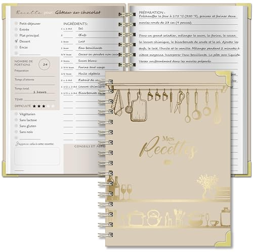 BIROYAL Carnet de Recettes à Remplir A5, Papier Épais 120g, kaki | Avec Table des Matières & Tableau de Conversion, 100 Recettes Vierge, 2 Pages par Recette, Pour Passionnés de Cuisine