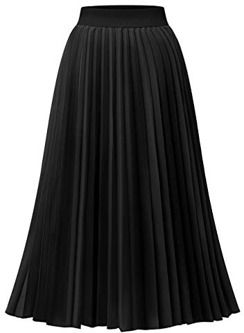DRESSTELLS Black Pleated Midi Skirts for Women, Long Holiday Party Aline High Waisted Caual Office Work Flowy Chiffon Skirt 2025 L