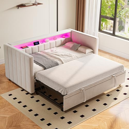 Ojjxh Upholstered Bed Daybed with Trundle bed, 90x190 cm Sofa Bed with LED Lighting & USB-C Port, Modern Daybed with Storage Compartment & 12 Slatted Frames for Living Room, Beige,Velvet, No Mattress