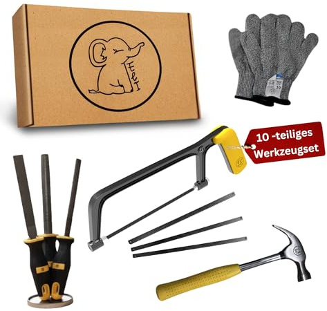 Eli® Kinderwerkzeug Set ab 6 Jahre inkl Kindersäge - Hammer - Holzraspel - Schutzhandschuhe - echtes Werkzeug Set für alle junge Baumeister und Bauarbeiter - Säge für Kinder - Geschenkidee