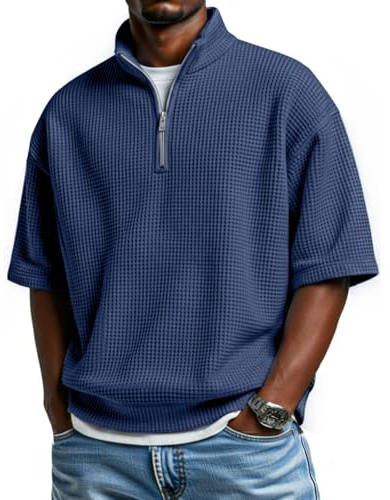 Tee Shirt Manche Courte Homme Chaud, Pull Homme Col Montant Marque Hiver Grande Taille Tshirt Thermique Basique Zippé Sweat Stretch Haut Sportswear Vetement(Marine,4XL)