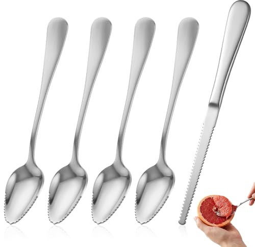 Rahhlzs - Set di 5 cucchiai in acciaio inox, 4 cucchiai per pompelmo e 1 coltello per pompelmo, cucchiaio per kiwi con bordi seghettati, lavabile in lavastoviglie (argento)
