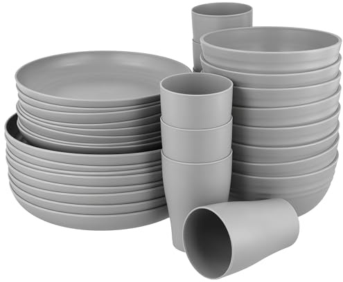 MUKSUET Set med 32 st okrossbara grå plastservis, middags- och salladstallrikar, skålar, koppar för camping, picknick, fest, mikrovågsugn och diskmaskinssäker