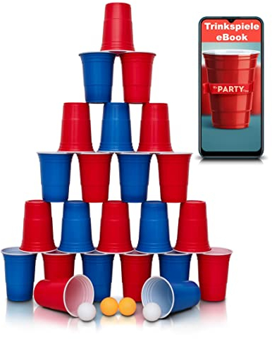 Beerpong Becher spülmaschinenfest 20Stk. aus Hartplastik. XXL-Set in Blau und Rot mit E-Book und 4 Bällen