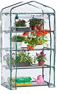 Outdoor Garden Mini Greenhouse 130cm Tall With 4 Shelves/Tiers Green House Small Greenhouse With Frame, Waterproof Transparent PVC Cover and Roll Up Zip Up Door Gardening Shelves