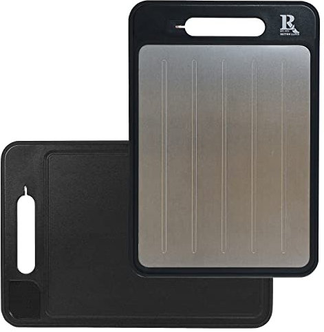 Reston Lloyd Cutting Board with Defrosting Tray by Reston Lloyd, Includes a Zester, Knife Sharpner, and Handle, Color: Black