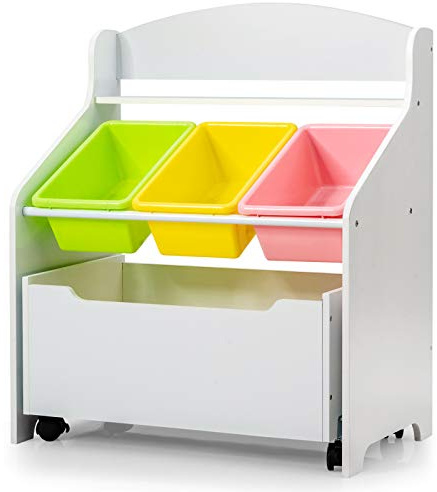LIFEZEAL Scaffale per Bambini, Contenitore per Giocattoli, Libri, Portaoggetti, Portagiochi, Organizzatore, con 3 Cesti, 1 Cassetto Mobile con 4 Ruote e 1 Mensola, per Cameretta, 63,5x38x76 cm, Bianco