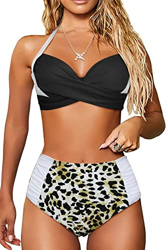 JFAN Traje de Baño Mujer 2 Piezas Conjunto de Bikini Push Up Bañador Bikini Tops y Bottoms Cintura Alta (Estampado Leopard,L)