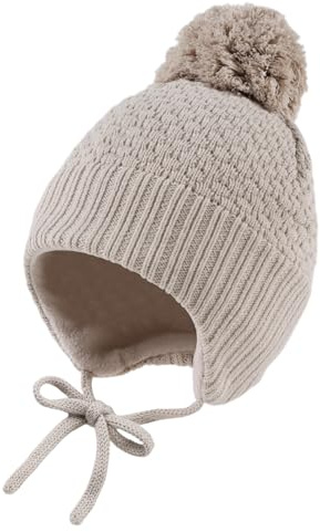 Yvnehcn Baby Girl Knit Hats Pompom Warm Kids Winter Hat Boys Fleece Lined Toddler Beanie 0-8 Years (S, Beige)