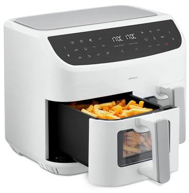 MEDION Air Fryer P20 XXL Double Compartiment (Fonction dual cook & sync finish, fenêtre visible, friteuse sans huile à air chaud, capacité 8,7 L XXL, 2600 W, 9 programmes automatiques, MD11760) blanc