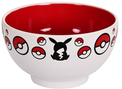 Elbenwald Cuenco para Desayuno de Pokemon - Cuenco de Cereales con Motivo de Pikachu y Pokébolas - 600 ml - 8 cm de Altura - Ø 13 cm - Cerámica - Blanco Rojo