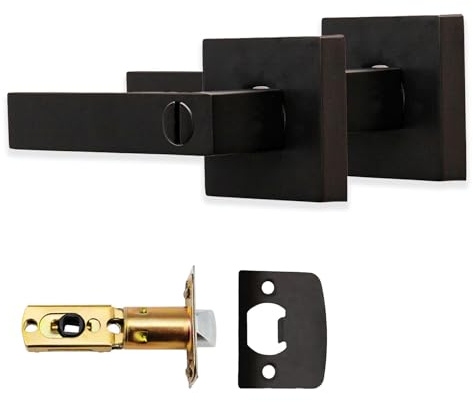 XFORT Quad Privacy Knob Set Matt Black, Keyless Door Knob with Lock for Internal Wooden Bathroom Doors, Complete Set with Tubular Latch