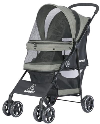 ROODO 4 Wheel Dog Cat Pet Stroller Best Lightweight Foldable Compact Portable Jogger All Terrain Travel Pet Gear Puppy Doggie Bunny Kitty Stroller for up to 30lbs Medium Small Dogs Cats(sage Green)