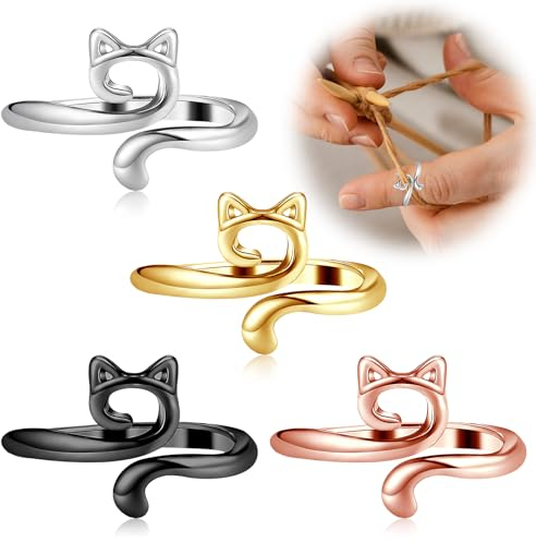 Amaxiu 4 Stück Häkelring Für Finger,Häkelringe mit Katzenmuster Crochet Ring Silberner Garnring Strickschlaufe Offener Fingerring Fingerhalter Fingerhut Weben Strickregler für Mutter Oma