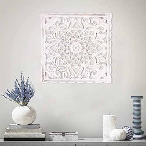 Wood Wall Panel Hanging Decor, 30*30cm Heart-shaped & Square Decorative Carved Floral-Patterned Distressed White, Rustic Wall Art Sculpture Home Wall Ornament for Hallway Living Room Cafe Office