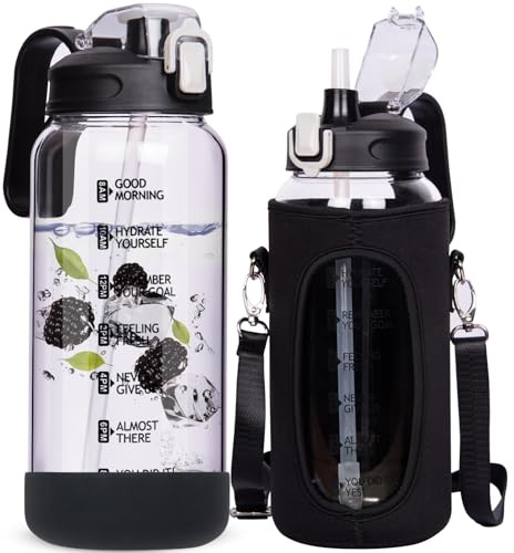 DEARRAY 1.5 Litre Glass Water Bottle with Straw & Time Markings - Leakproof Motivational Drinking Bottle - BPA Free Glass Carafe