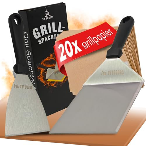 Fun OUTDOORS Set di 20 spatole per barbecue in acciaio inox, per hamburger, per hamburger, per hamburger, per carne, barbecue teppanyaki Plancha Spatula Wender spatola, regalo per uomini