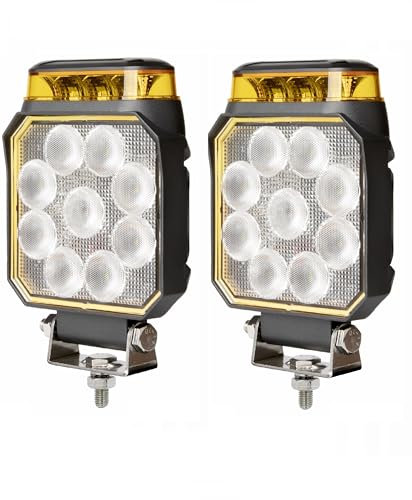 2 Phares de Travail LED avec Gyrophare LED 12V 24V 10W Faisceau Flood Blanc Feu de Recul Feu Antibrouillard + Feu de Pénétration Stoboscopique Flash Orange