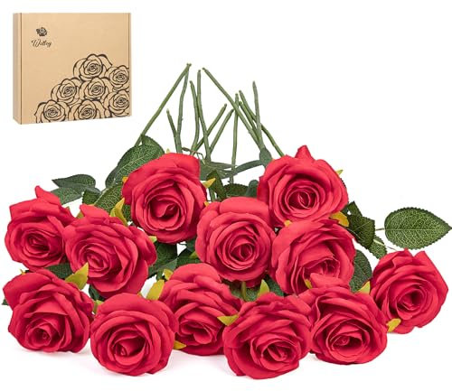Woltoy 12 Stück Rote Rosen Künstlich, Realistische Langstielige Künstliche Blumen Seide Kunstrose, Fake Rosen für Haus, Garten, Party, Hochzeitsstrauß und Büro Dekoration