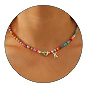 Initial Heart Necklace for Girls Women Gold Colorful Beaded Choker Gifts(K)