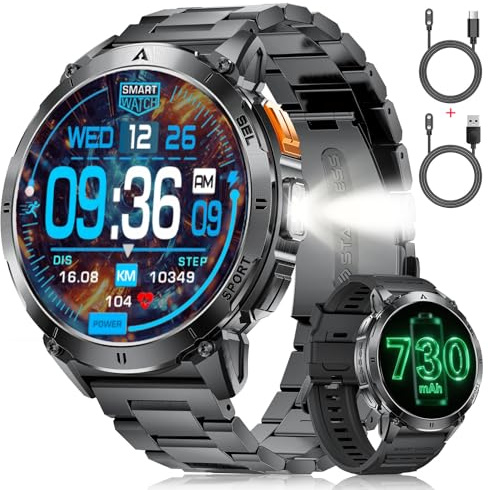 LIGE Militär Smartwatch Herren mit LED-Licht,1,62 AMOLED HD Smartwatch mit Telefonfunktion,Fitnessuhr,Schwarze Uhr mit 110+ Sportmodi,Herz-/Schlaftracking,IP68 wasserdicht sportuhr für iOS/Android