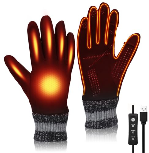 Fizzyo USB Heated Gloves, Warm Winter Heated Gloves with 3 Adjustable Temperature Non-Slip Electric Touchscreen Hand Warmers Work Glove Unisex Washable Fleecing Glove for Fishing Hiking Cycling