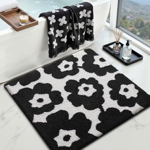 LUMI Floral Bathroom Rugs, Soft Absorbent Square Bath Mat, Non-Slip Quick Dry Luxury Rug, Flower Black White Mats for Shower Floor, Bathtub, Home Decor, Modern Aesthetic, 26x26