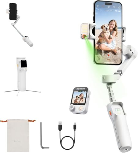 hohem iSteady V3 Ultra Gimbal Stabilisator för iPhone, telefongimbal med AI-spårning, inbyggd utdragbar stång och stativ, fyllning, avtagbar fjärrkontroll, stabilisator för videoinspelning | vit
