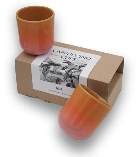 Ljuk Juego de 2 tazas de capuchino de 200 ml, cerámica fabricada en Portugal, con certificación barista, en elegante caja de regalo, sin asa, tazas de cerámica (Sunset Surf (rosa amarillo)