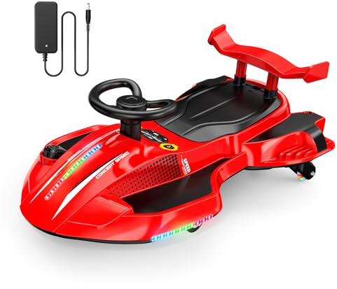 12V Electric Wiggle Car Ultra with Pedals, Rechargeable Swing & Drift Car, Anti-Rollover Design with Backrest, Spray, Flashing Lights, Music & Bluetooth, for Ages 3 and Up, 150 lbs(Red + Black)