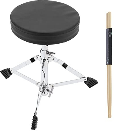Hapivida Taburete de Batería Ajustable, Asiento Tapizado para Percusión con 3 Patas Estables, Soporte de Acero, Plegable y Portátil, Incluye Baquetas de Arce 5A para Músicos y Estu